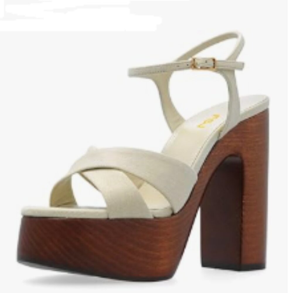 FSJ Oyster White Block High Heel Platform Open Toe Ankle Strap Buckle Sandals